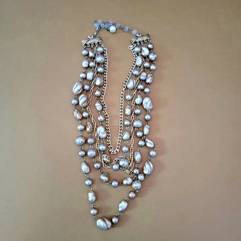Vintage Signed Coro Baroque Faux Pearl Multi-Strand Gold Tone Necklace P5